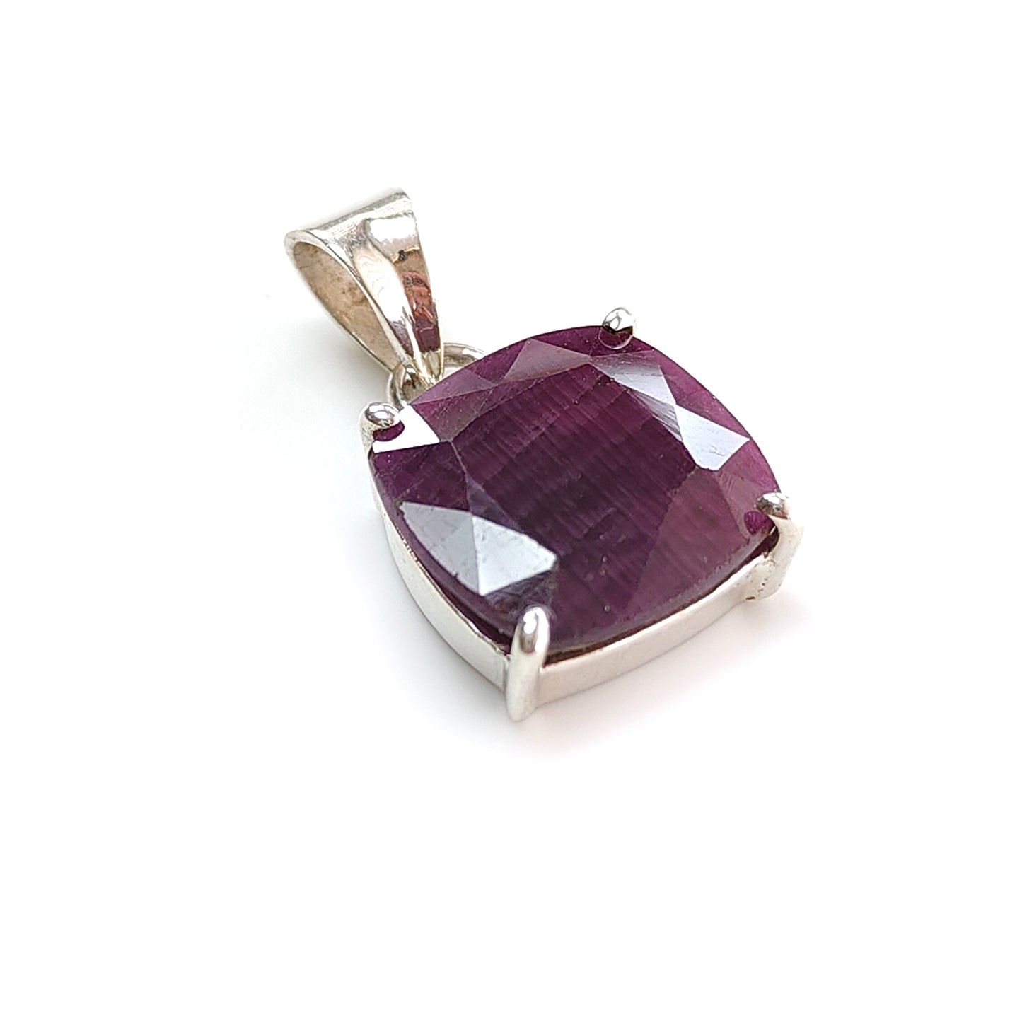 Red Ruby Silver Faceted Cut Pendant: 5.07gms Natural Untreated Ruby Cushion Shape Faceted 925 Sterling Silver Prong Set Pendant 1"