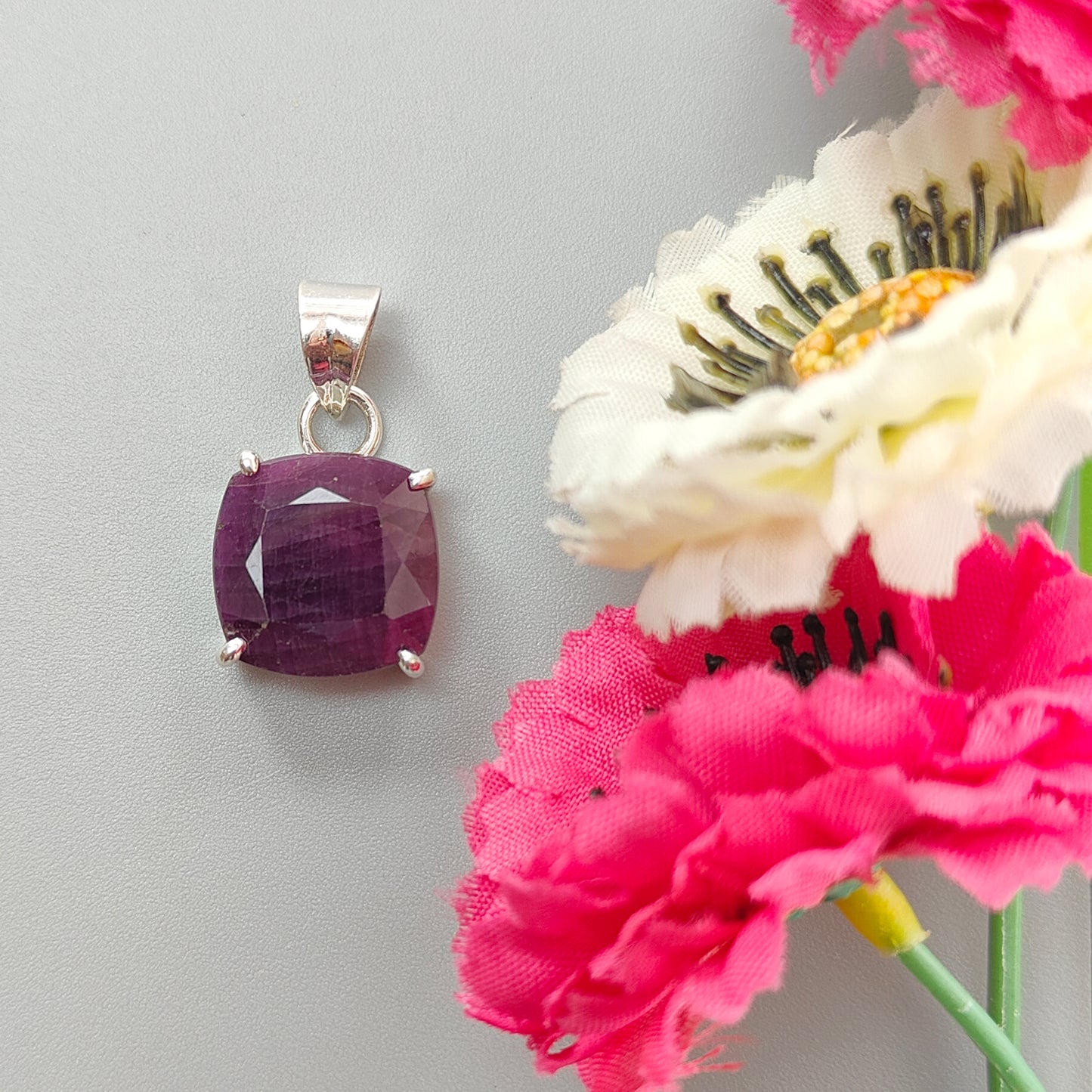 Red Ruby Silver Faceted Cut Pendant: 5.07gms Natural Untreated Ruby Cushion Shape Faceted 925 Sterling Silver Prong Set Pendant 1"