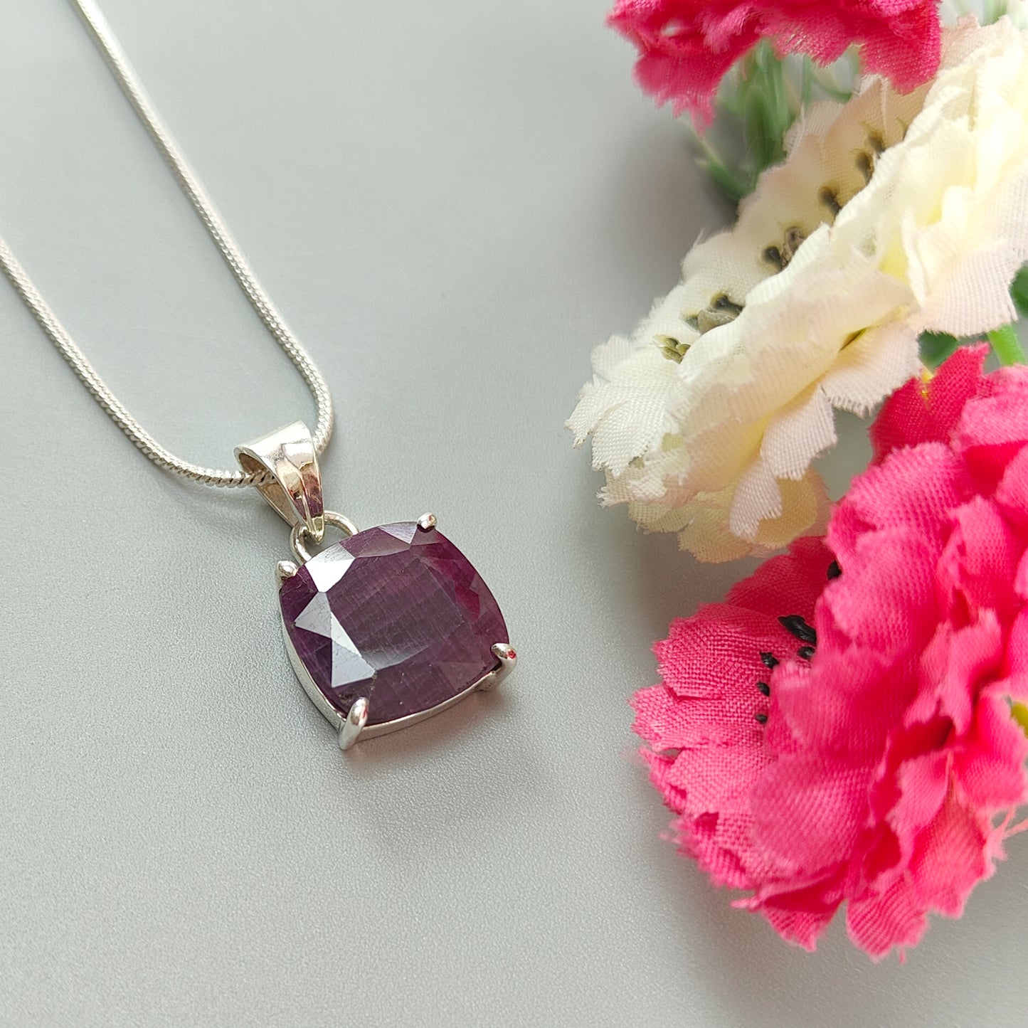 Red Ruby Silver Faceted Cut Pendant: 5.07gms Natural Untreated Ruby Cushion Shape Faceted 925 Sterling Silver Prong Set Pendant 1"