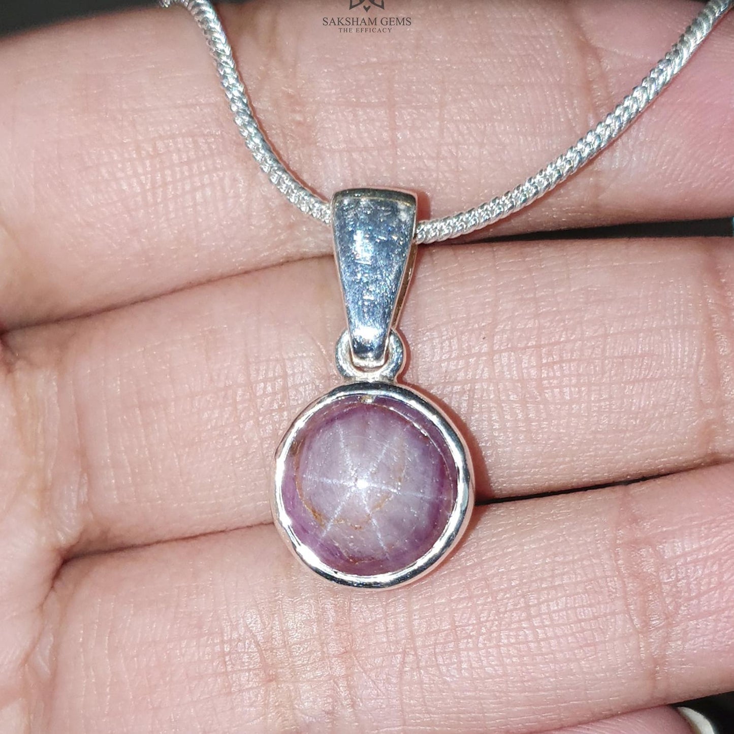 Star Ruby Silver Pendant: 3.58gms Natural Untreated Star Ruby Round Shape Cabochon 925 Sterling Silver Bezel Set Pendant 1"