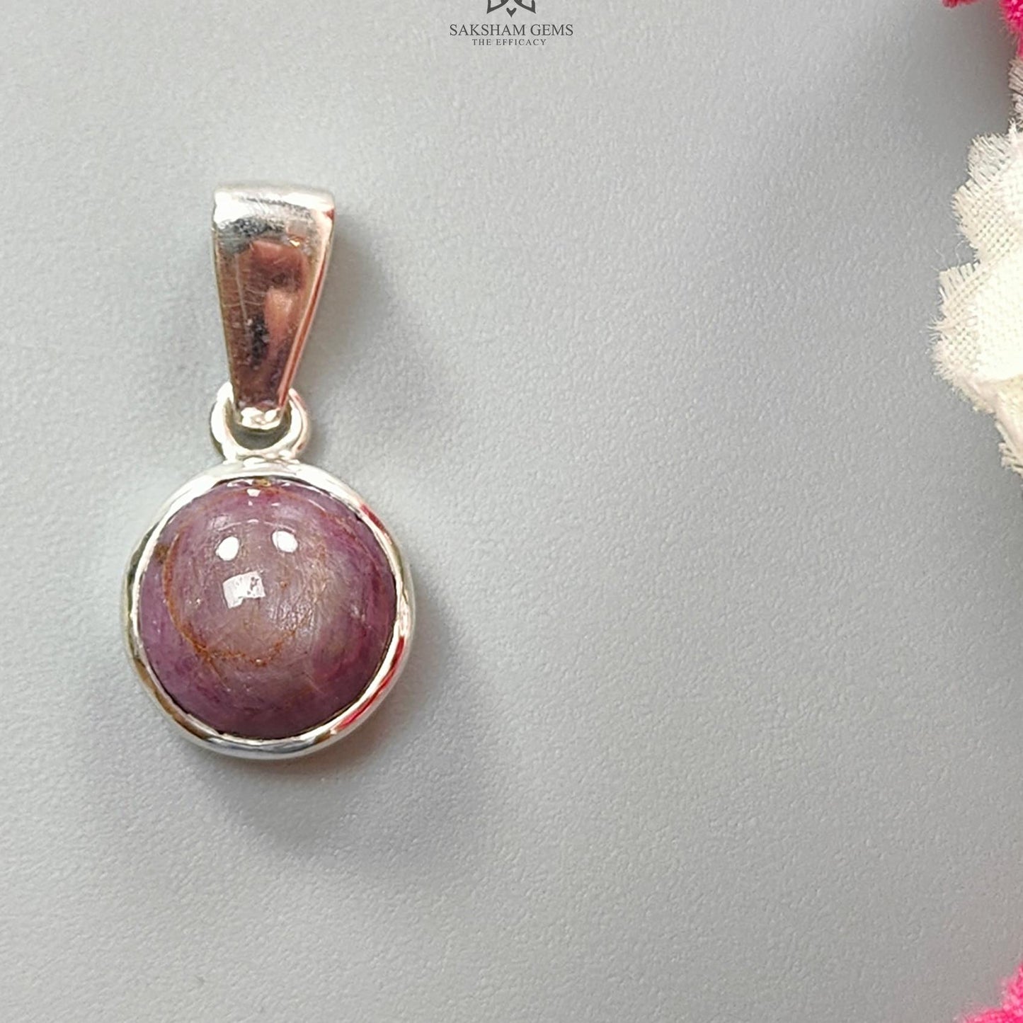 Star Ruby Silver Pendant: 3.58gms Natural Untreated Star Ruby Round Shape Cabochon 925 Sterling Silver Bezel Set Pendant 1"