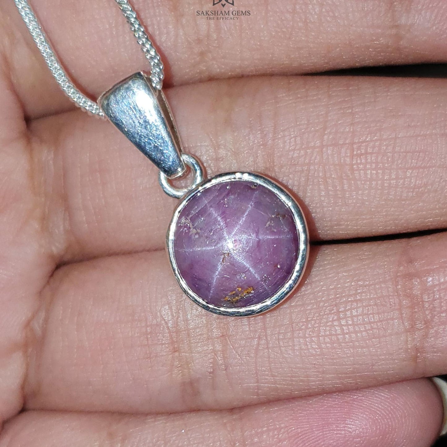 Star Ruby Silver Pendant: 4.24gms Natural Untreated Star Ruby Round Shape Cabochon 925 Sterling Silver Bezel Set Pendant 1"