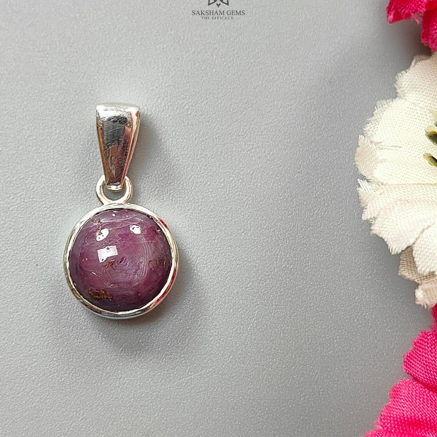 Star Ruby Silver Pendant: 4.24gms Natural Untreated Star Ruby Round Shape Cabochon 925 Sterling Silver Bezel Set Pendant 1"