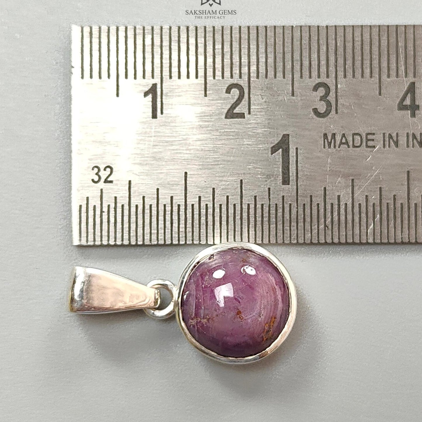Star Ruby Silver Pendant: 4.24gms Natural Untreated Star Ruby Round Shape Cabochon 925 Sterling Silver Bezel Set Pendant 1"