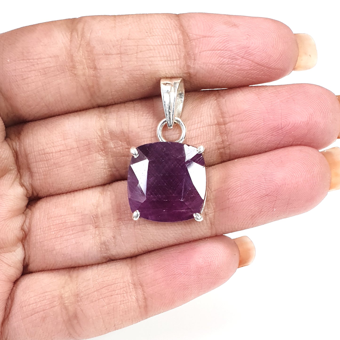 Red Ruby Silver Faceted Cut Pendant: 5.08gms Natural Untreated Ruby Cushion Shape Faceted 925 Sterling Silver Prong Set Pendant 1"