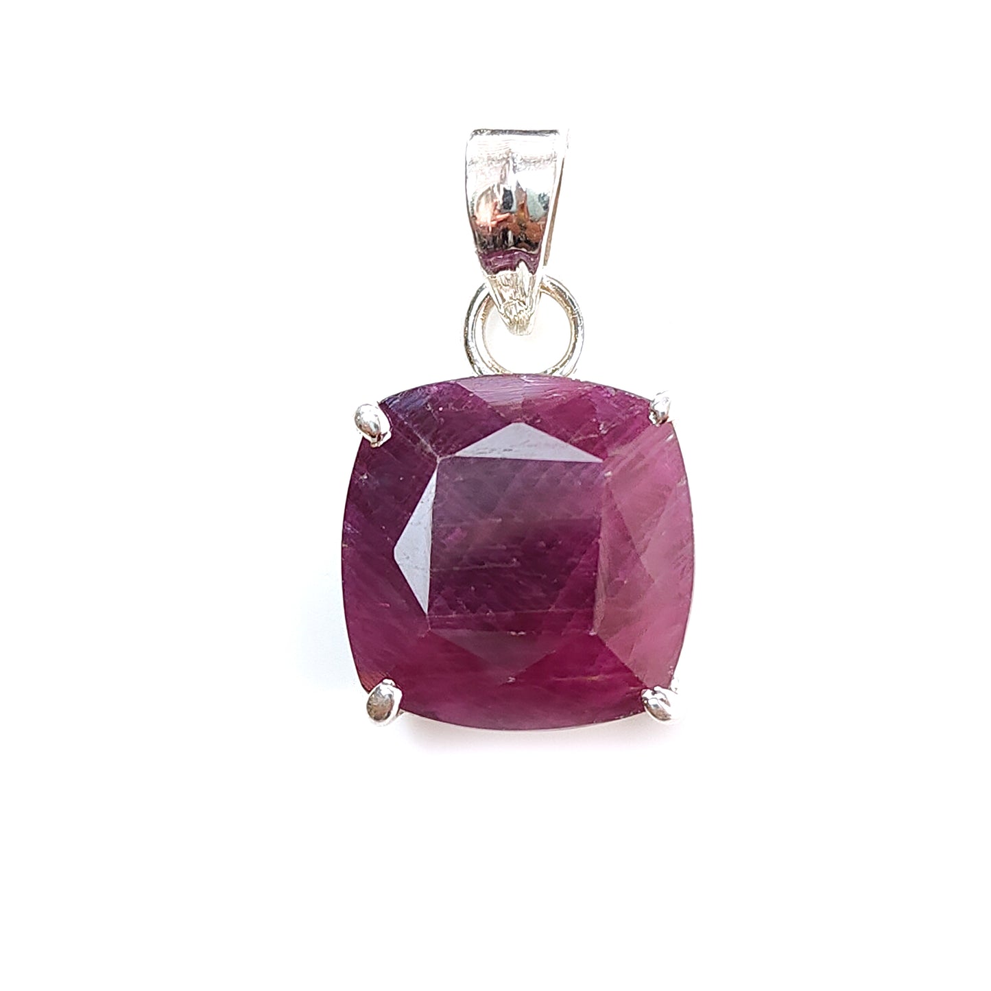 Red Ruby Silver Faceted Cut Pendant: 5.08gms Natural Untreated Ruby Cushion Shape Faceted 925 Sterling Silver Prong Set Pendant 1"