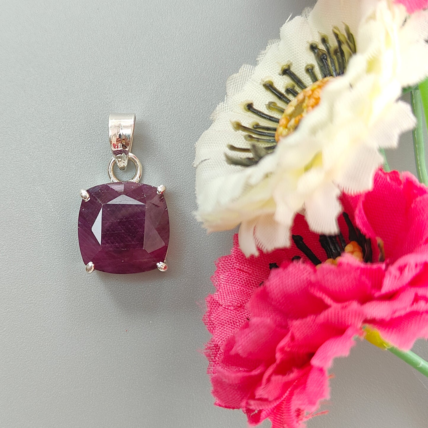 Red Ruby Silver Faceted Cut Pendant: 5.08gms Natural Untreated Ruby Cushion Shape Faceted 925 Sterling Silver Prong Set Pendant 1"