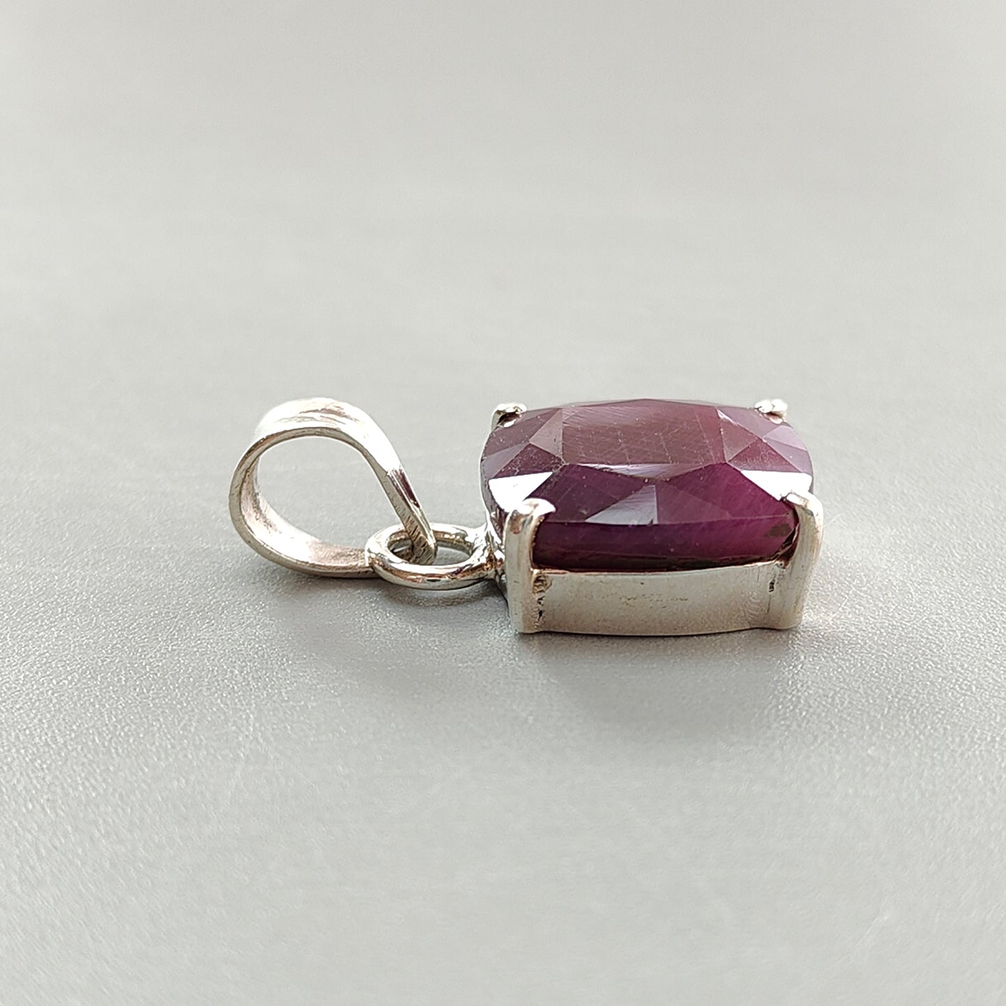 Red Ruby Silver Faceted Cut Pendant: 5.08gms Natural Untreated Ruby Cushion Shape Faceted 925 Sterling Silver Prong Set Pendant 1"