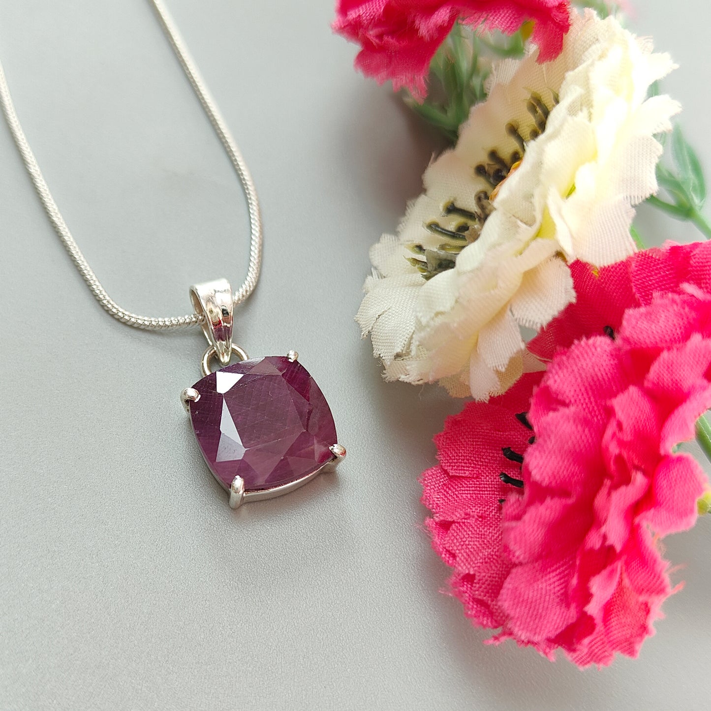Red Ruby Silver Faceted Cut Pendant: 5.08gms Natural Untreated Ruby Cushion Shape Faceted 925 Sterling Silver Prong Set Pendant 1"