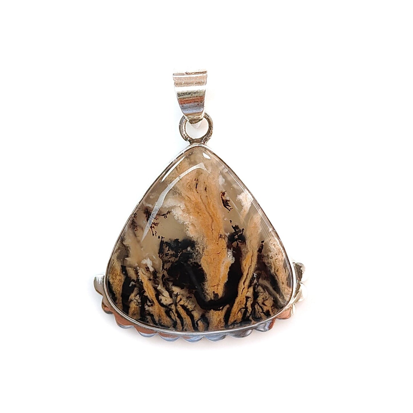 Tiger Dendrite Agate Plain Silver Pendant: 7.37gms Natural Untreated Bi-Color Agate Triangle 925 Sterling Silver Bezel Set Pendant 1.75"