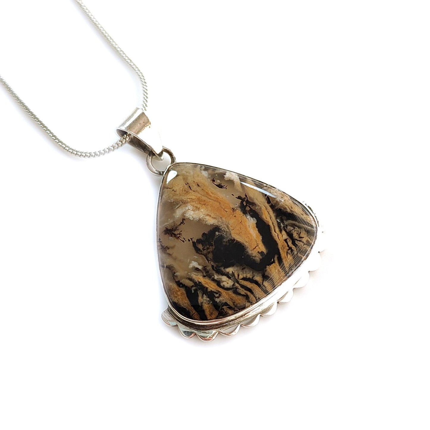 Tiger Dendrite Agate Plain Silver Pendant: 7.37gms Natural Untreated Bi-Color Agate Triangle 925 Sterling Silver Bezel Set Pendant 1.75"