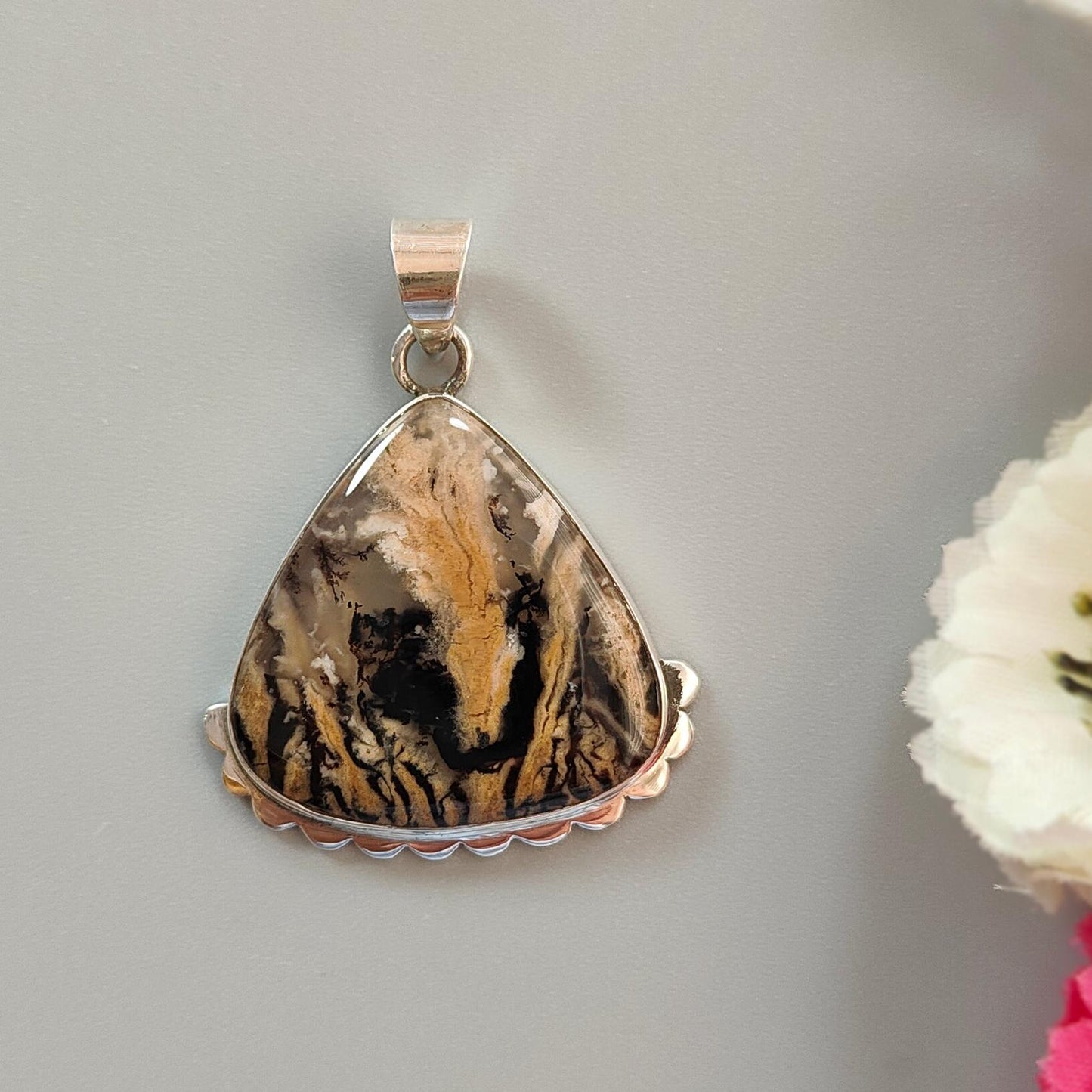 Tiger Dendrite Agate Plain Silver Pendant: 7.37gms Natural Untreated Bi-Color Agate Triangle 925 Sterling Silver Bezel Set Pendant 1.75"
