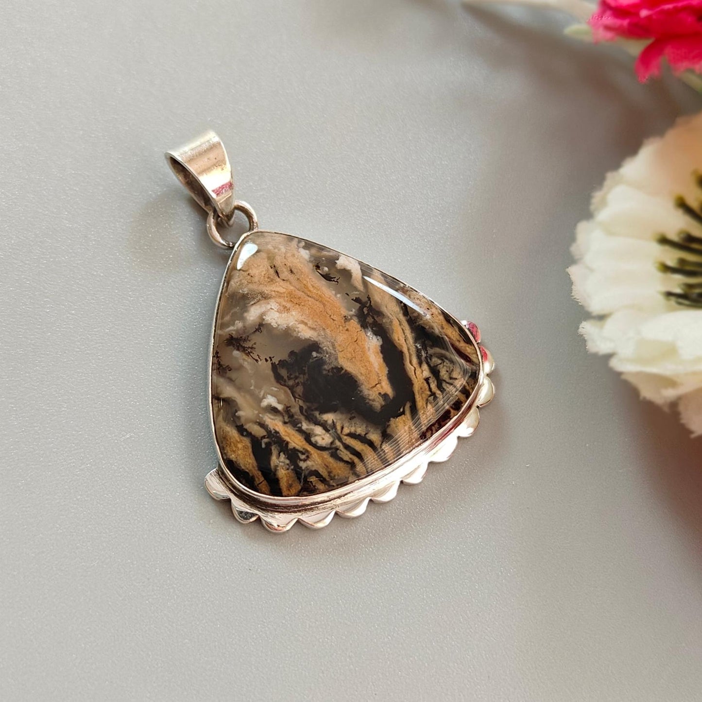 Tiger Dendrite Agate Plain Silver Pendant: 7.37gms Natural Untreated Bi-Color Agate Triangle 925 Sterling Silver Bezel Set Pendant 1.75"
