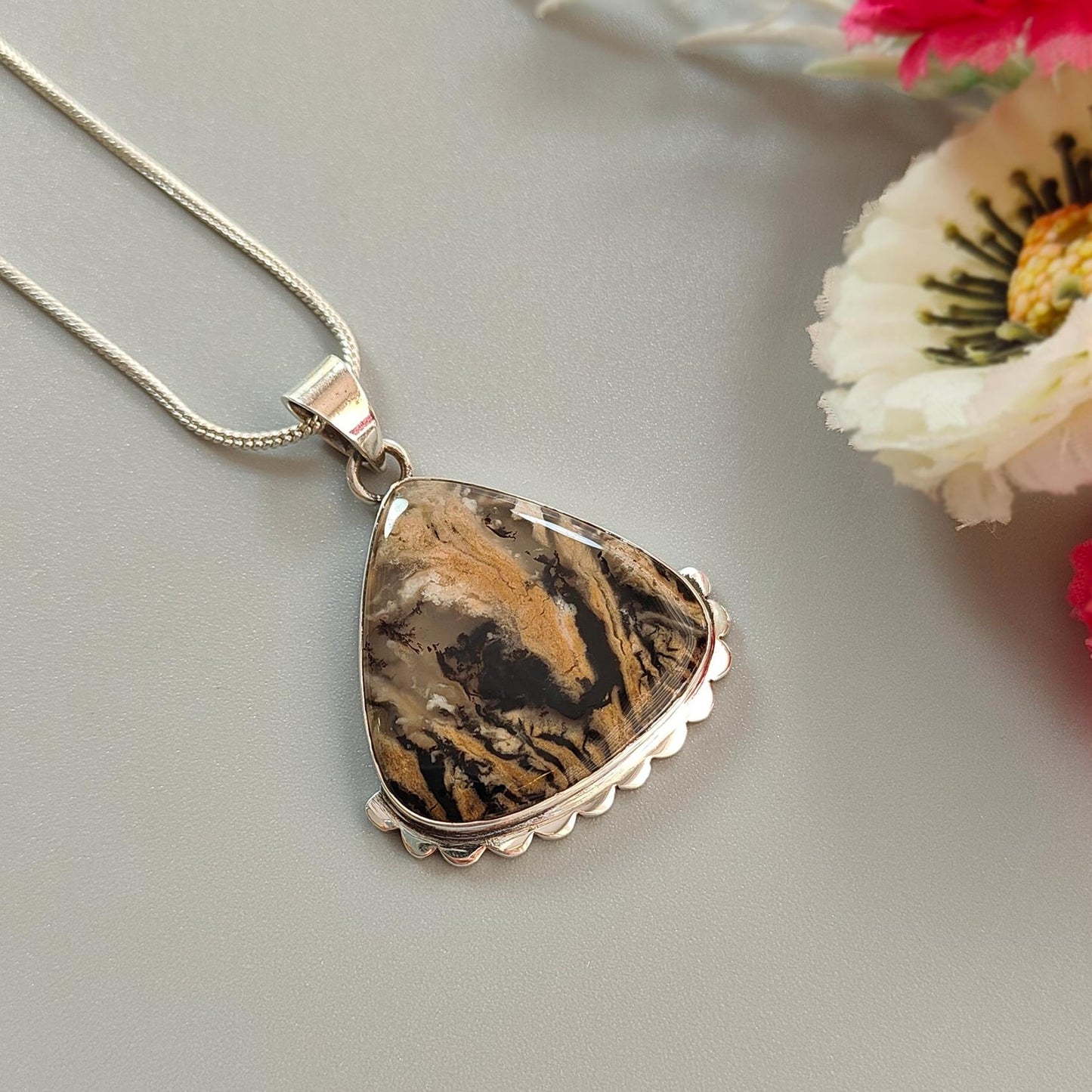 Tiger Dendrite Agate Plain Silver Pendant: 7.37gms Natural Untreated Bi-Color Agate Triangle 925 Sterling Silver Bezel Set Pendant 1.75"