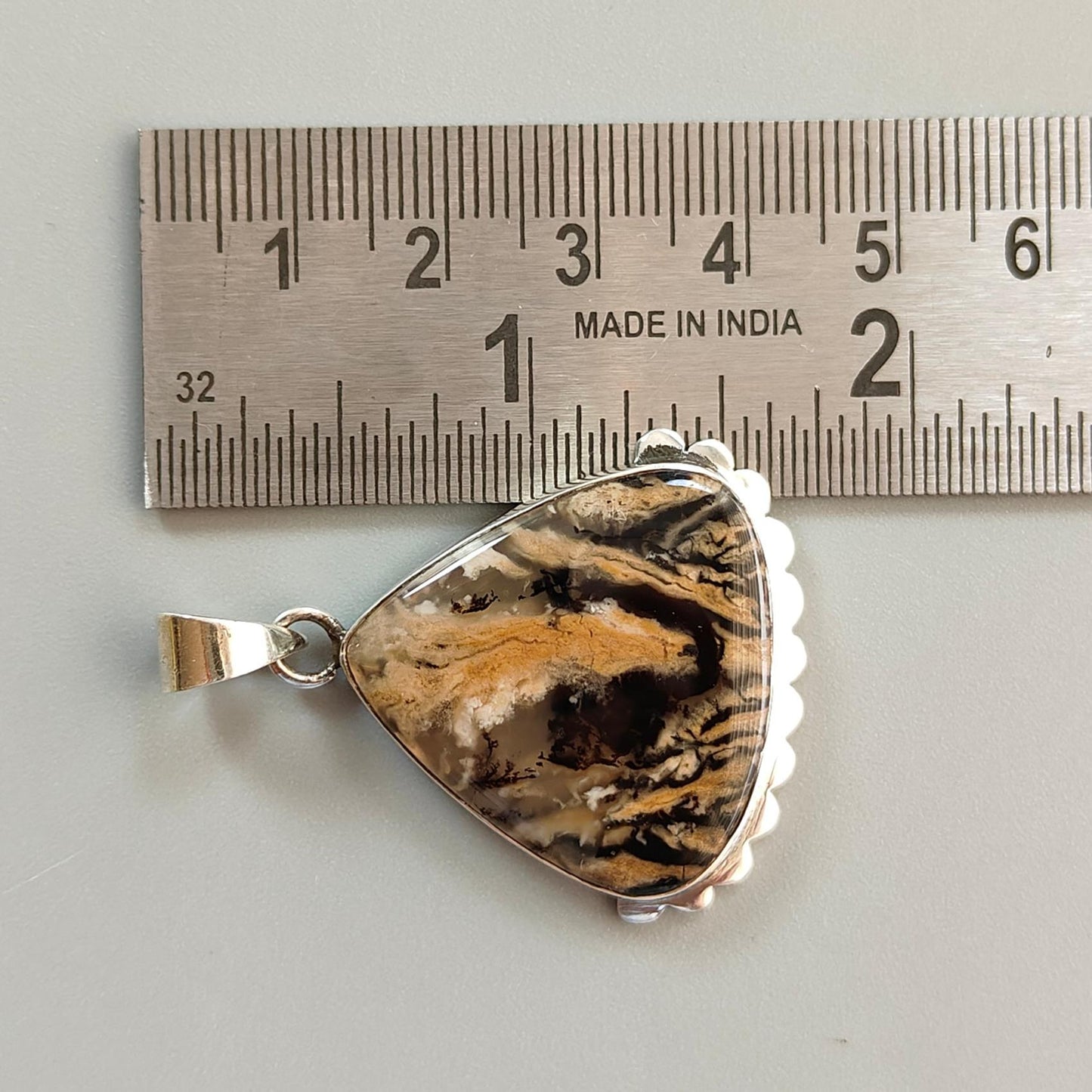 Tiger Dendrite Agate Plain Silver Pendant: 7.37gms Natural Untreated Bi-Color Agate Triangle 925 Sterling Silver Bezel Set Pendant 1.75"