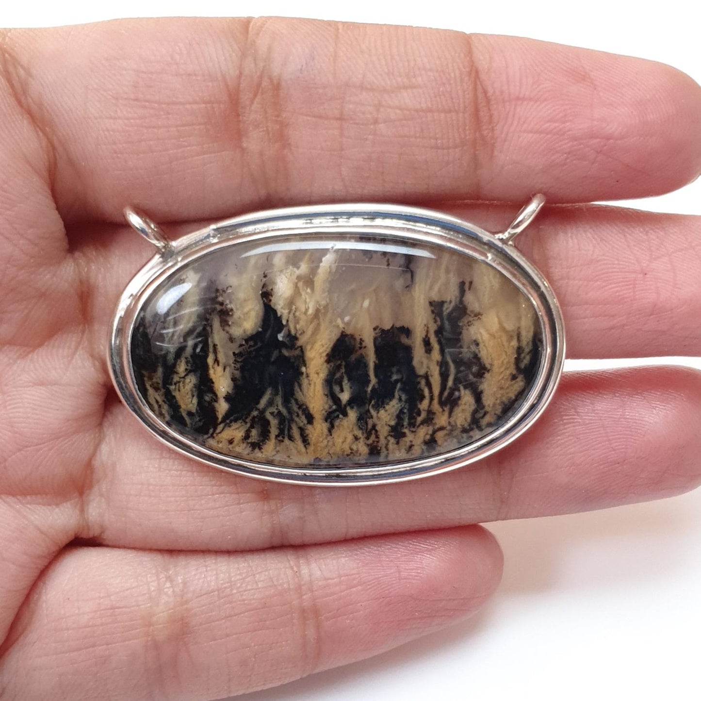 Tiger Dendrite Agate Plain Silver Pendant: 11.24gms Natural Untreated Bi-Color Agate Oval 925 Sterling Silver Bezel Set Pendant 1.80"