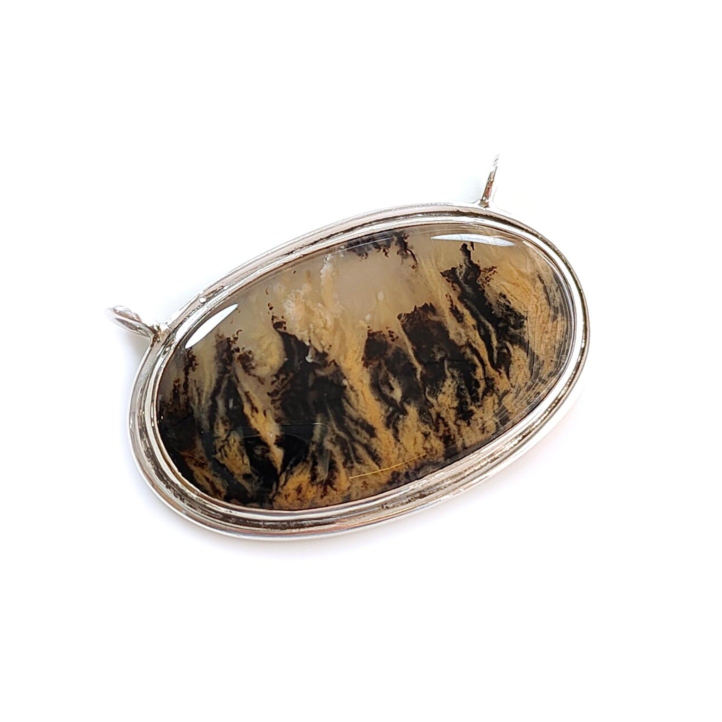 Tiger Dendrite Agate Plain Silver Pendant: 11.24gms Natural Untreated Bi-Color Agate Oval 925 Sterling Silver Bezel Set Pendant 1.80"