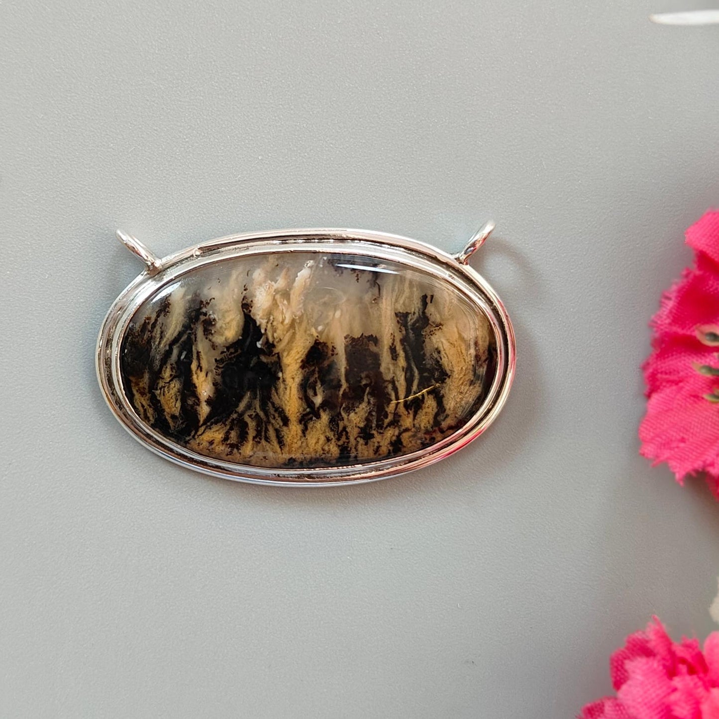 Tiger Dendrite Agate Plain Silver Pendant: 11.24gms Natural Untreated Bi-Color Agate Oval 925 Sterling Silver Bezel Set Pendant 1.80"