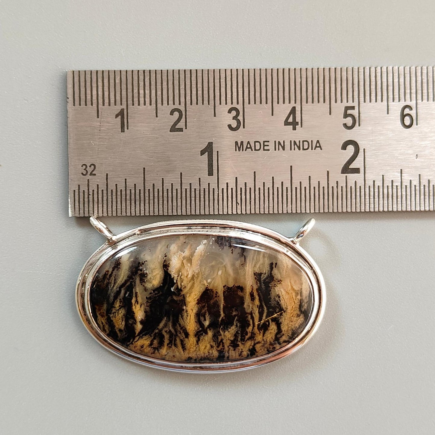 Tiger Dendrite Agate Plain Silver Pendant: 11.24gms Natural Untreated Bi-Color Agate Oval 925 Sterling Silver Bezel Set Pendant 1.80"