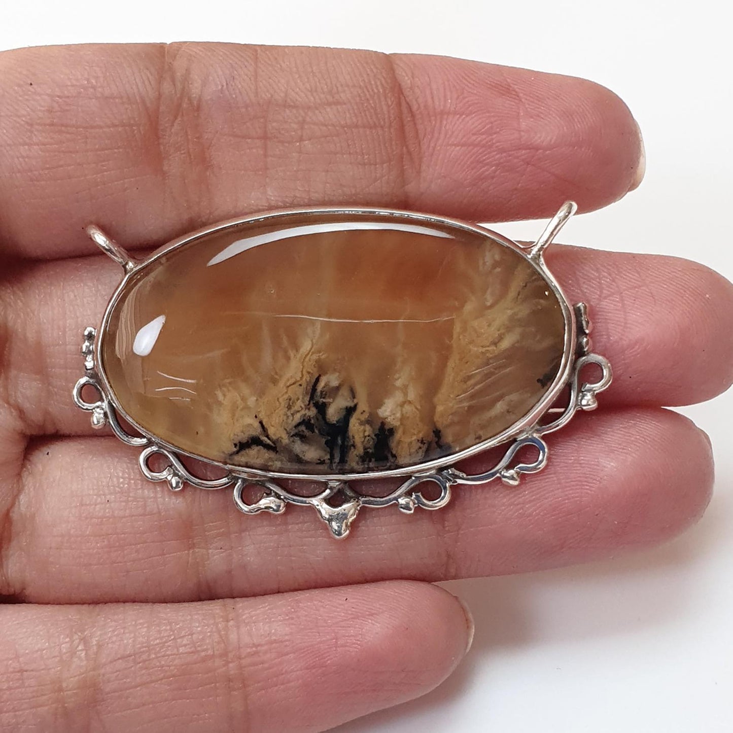 Tiger Dendrite Agate Plain Silver Pendant: 12.00gms Natural Untreated Bi-Color Agate Oval 925 Sterling Silver Bezel Set Pendant 2.00"
