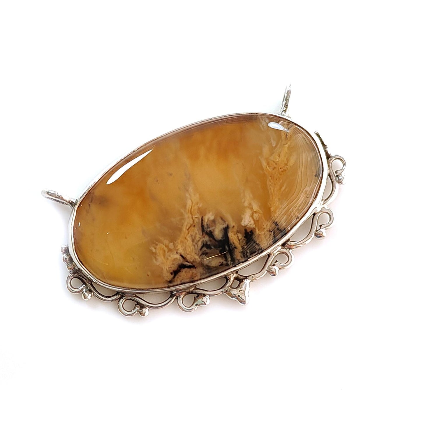 Tiger Dendrite Agate Plain Silver Pendant: 12.00gms Natural Untreated Bi-Color Agate Oval 925 Sterling Silver Bezel Set Pendant 2.00"
