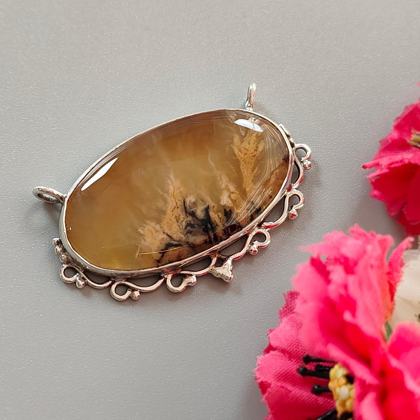 Tiger Dendrite Agate Plain Silver Pendant: 12.00gms Natural Untreated Bi-Color Agate Oval 925 Sterling Silver Bezel Set Pendant 2.00"