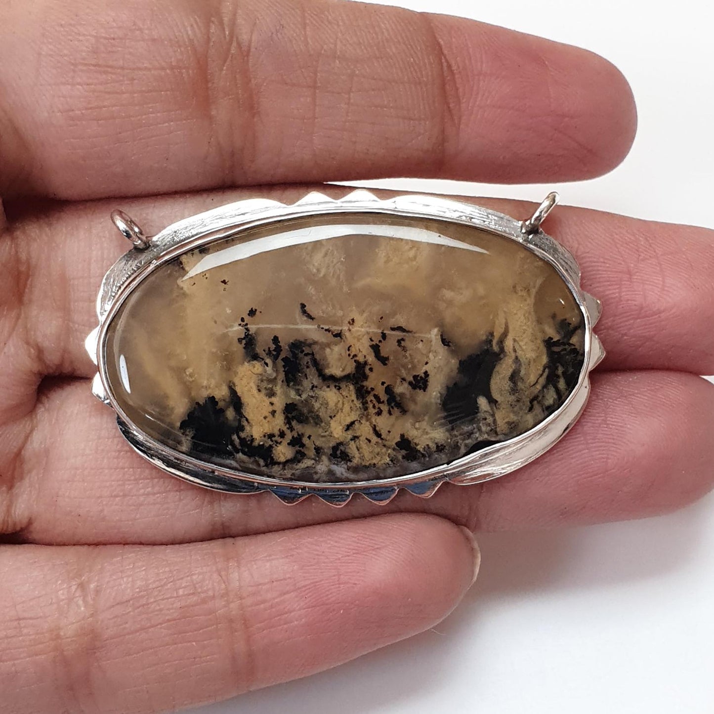 Tiger Dendrite Agate Plain Silver Pendant: 12.10gms Natural Untreated Bi-Color Agate Oval 925 Sterling Silver Bezel Set Pendant 1.85"