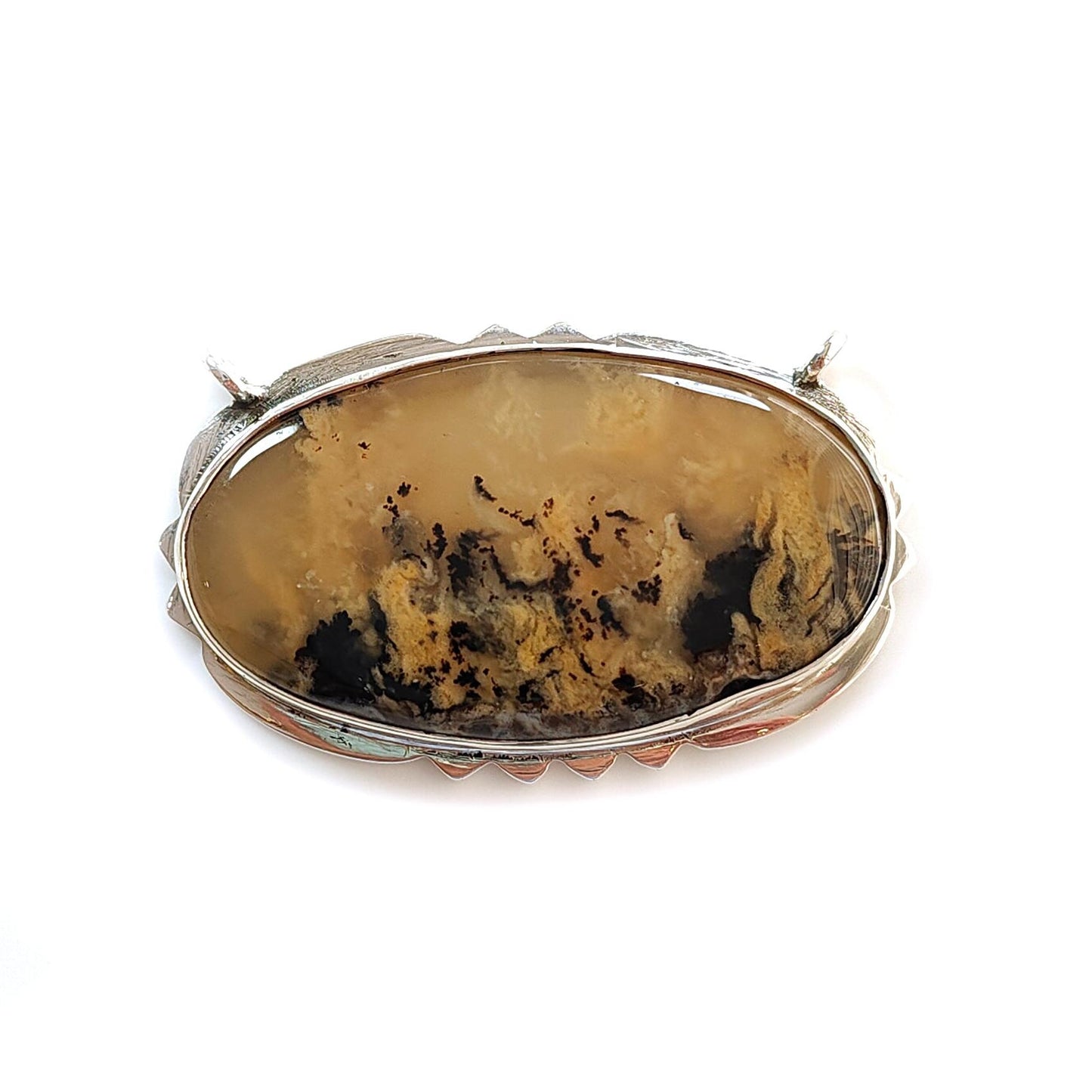 Tiger Dendrite Agate Plain Silver Pendant: 12.10gms Natural Untreated Bi-Color Agate Oval 925 Sterling Silver Bezel Set Pendant 1.85"