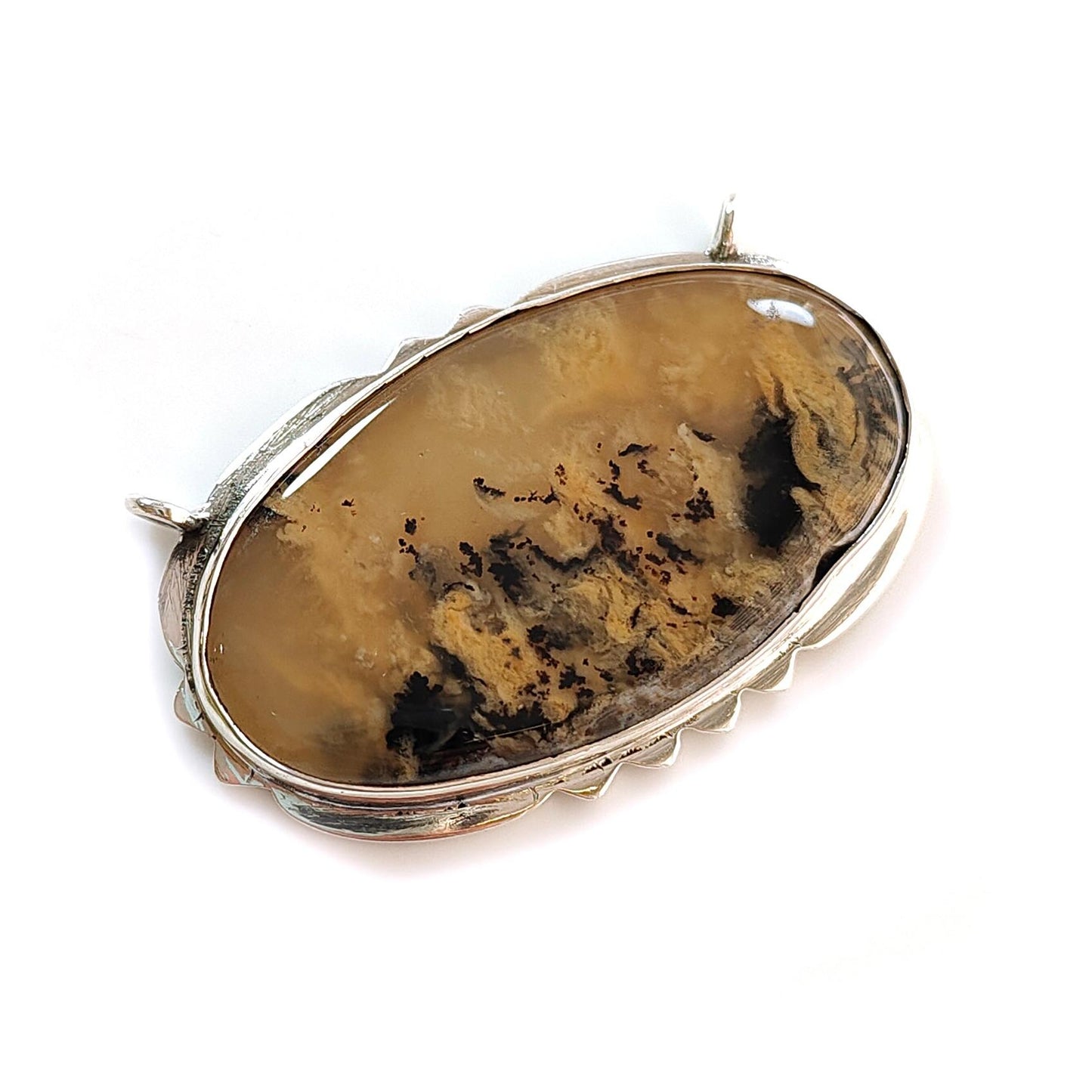 Tiger Dendrite Agate Plain Silver Pendant: 12.10gms Natural Untreated Bi-Color Agate Oval 925 Sterling Silver Bezel Set Pendant 1.85"