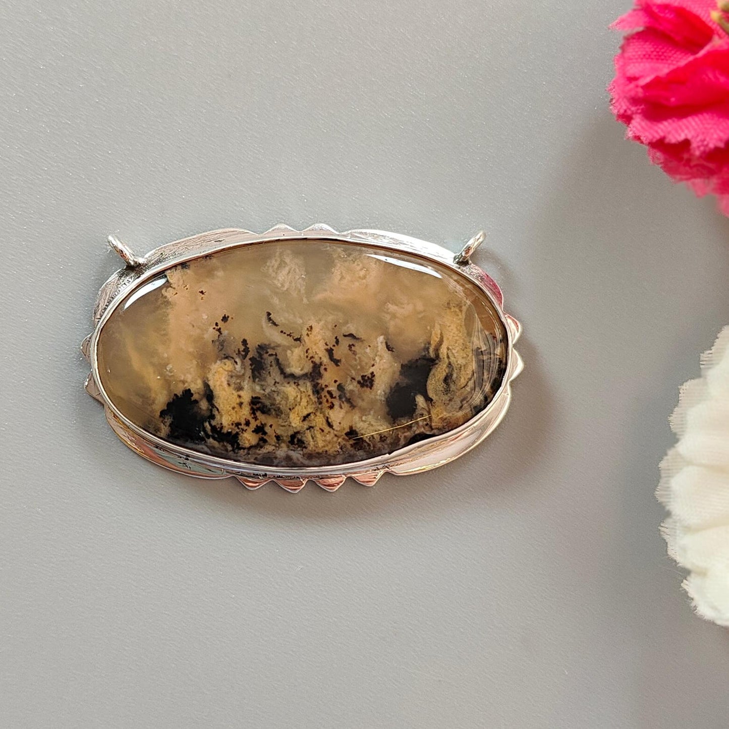 Tiger Dendrite Agate Plain Silver Pendant: 12.10gms Natural Untreated Bi-Color Agate Oval 925 Sterling Silver Bezel Set Pendant 1.85"
