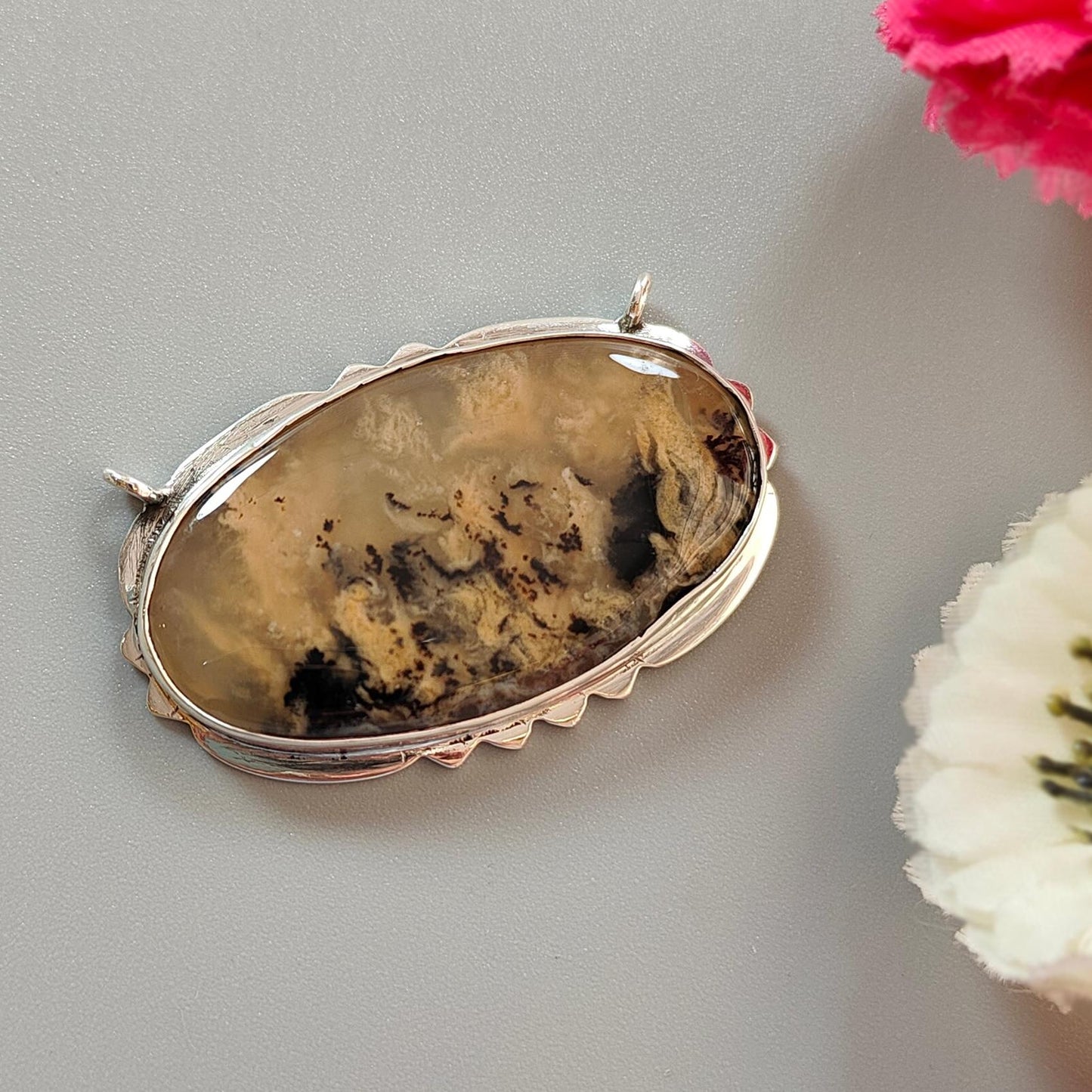 Tiger Dendrite Agate Plain Silver Pendant: 12.10gms Natural Untreated Bi-Color Agate Oval 925 Sterling Silver Bezel Set Pendant 1.85"