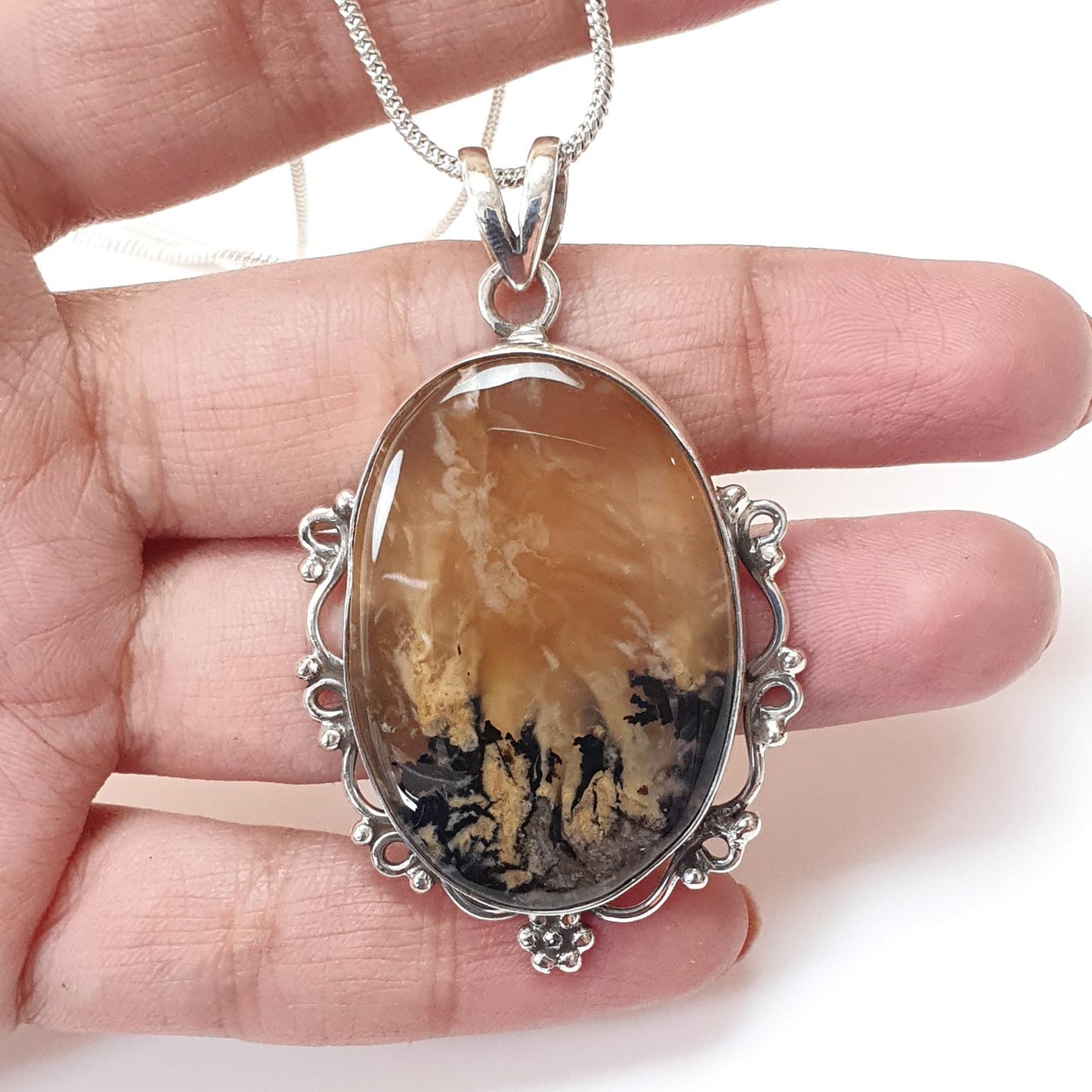 Tiger Dendrite Agate Plain Silver Pendant: 13.32gms Natural Untreated Bi-Color Agate Oval 925 Sterling Silver Bezel Set Pendant 2.00"