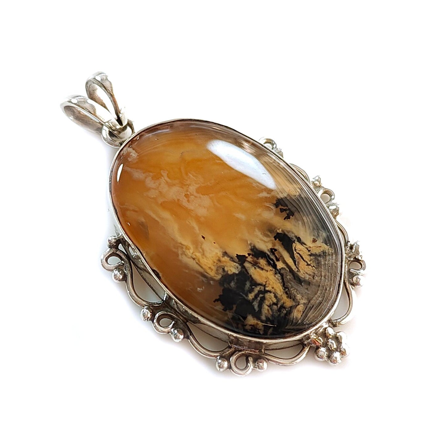 Tiger Dendrite Agate Plain Silver Pendant: 13.32gms Natural Untreated Bi-Color Agate Oval 925 Sterling Silver Bezel Set Pendant 2.00"
