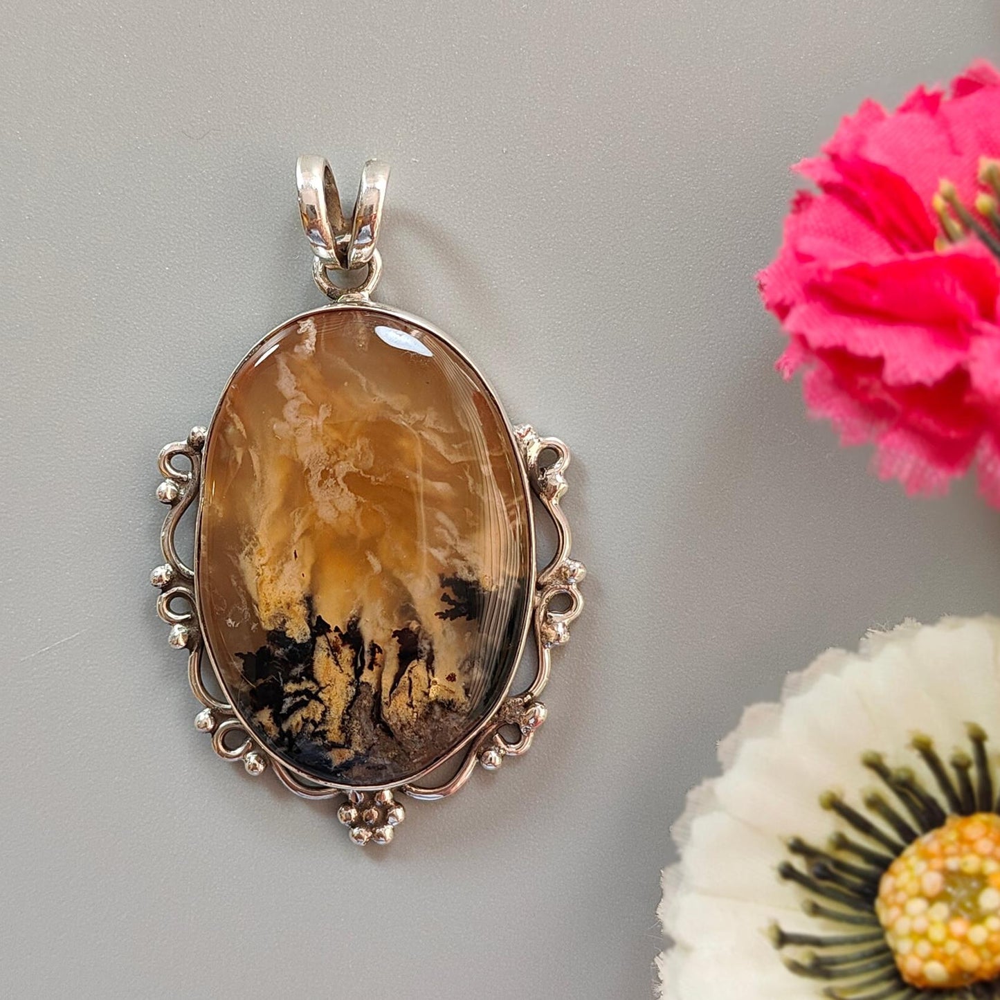 Tiger Dendrite Agate Plain Silver Pendant: 13.32gms Natural Untreated Bi-Color Agate Oval 925 Sterling Silver Bezel Set Pendant 2.00"