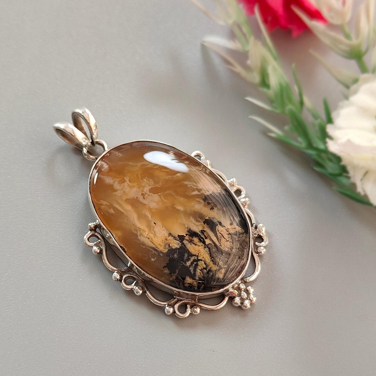 Tiger Dendrite Agate Plain Silver Pendant: 13.32gms Natural Untreated Bi-Color Agate Oval 925 Sterling Silver Bezel Set Pendant 2.00"