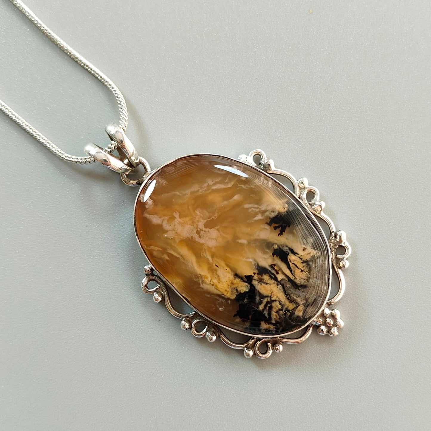 Tiger Dendrite Agate Plain Silver Pendant: 13.32gms Natural Untreated Bi-Color Agate Oval 925 Sterling Silver Bezel Set Pendant 2.00"