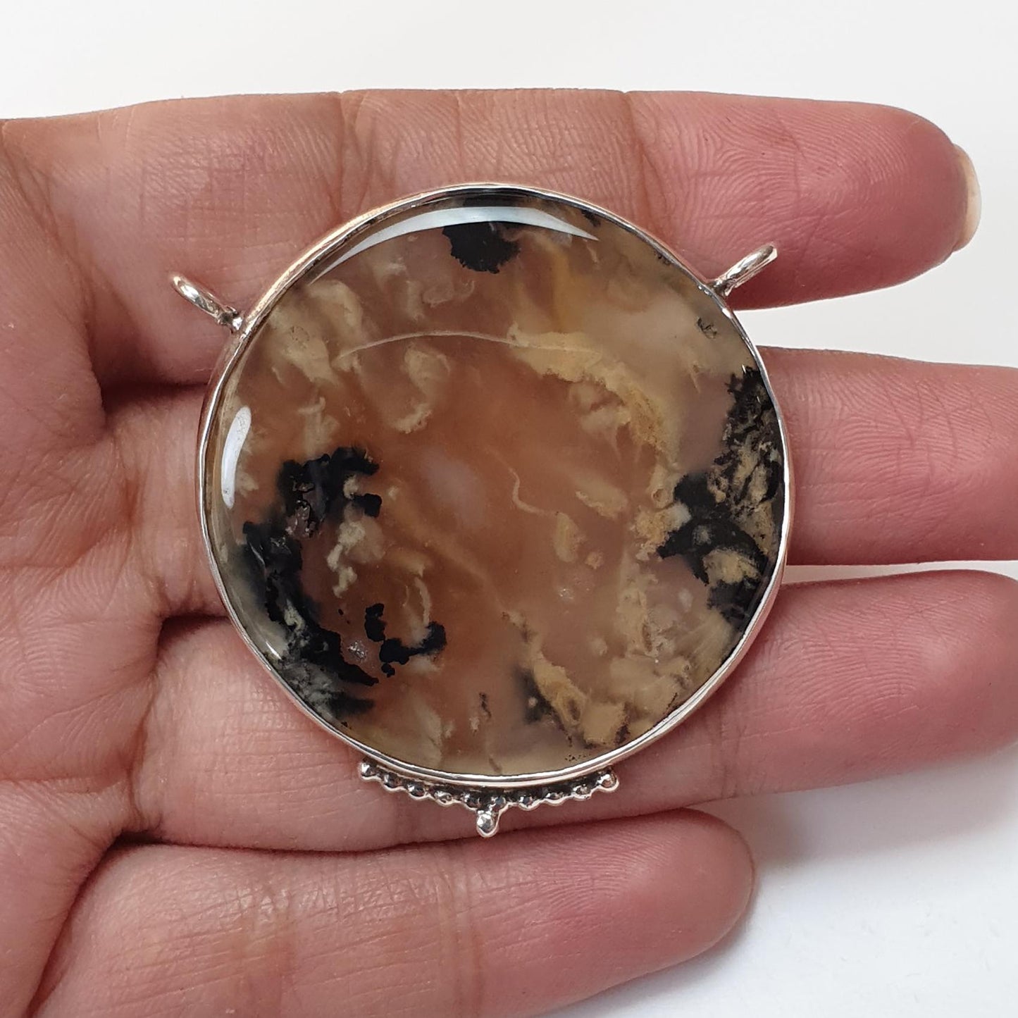Tiger Dendrite Agate Plain Silver Pendant: 13.57gms Natural Untreated Bi-Color Agate Round 925 Sterling Silver Bezel Set Pendant 1.80"