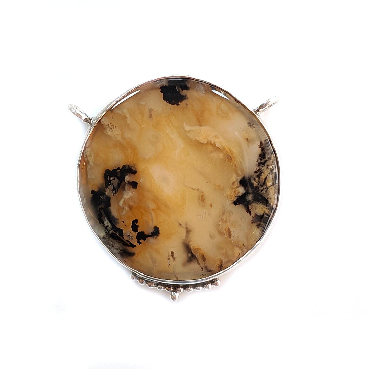 Tiger Dendrite Agate Plain Silver Pendant: 13.57gms Natural Untreated Bi-Color Agate Round 925 Sterling Silver Bezel Set Pendant 1.80"