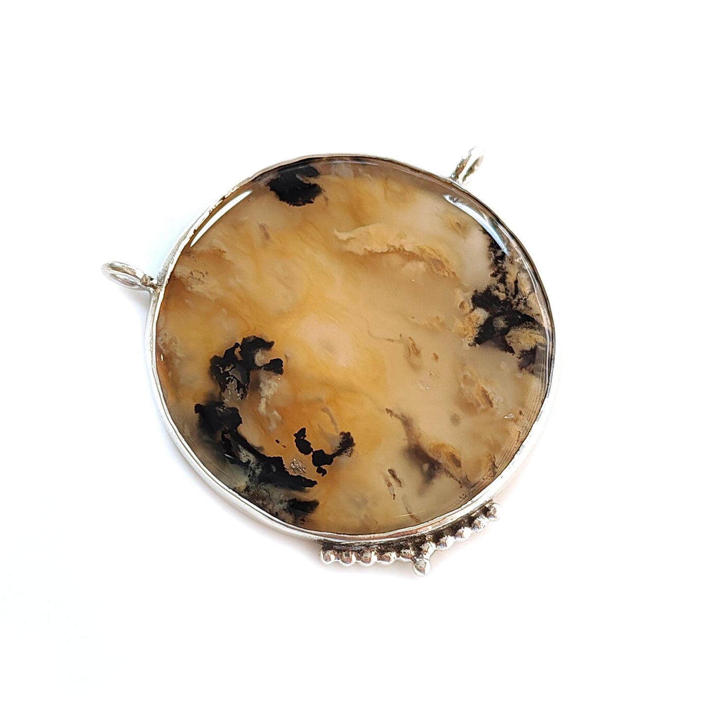Tiger Dendrite Agate Plain Silver Pendant: 13.57gms Natural Untreated Bi-Color Agate Round 925 Sterling Silver Bezel Set Pendant 1.80"