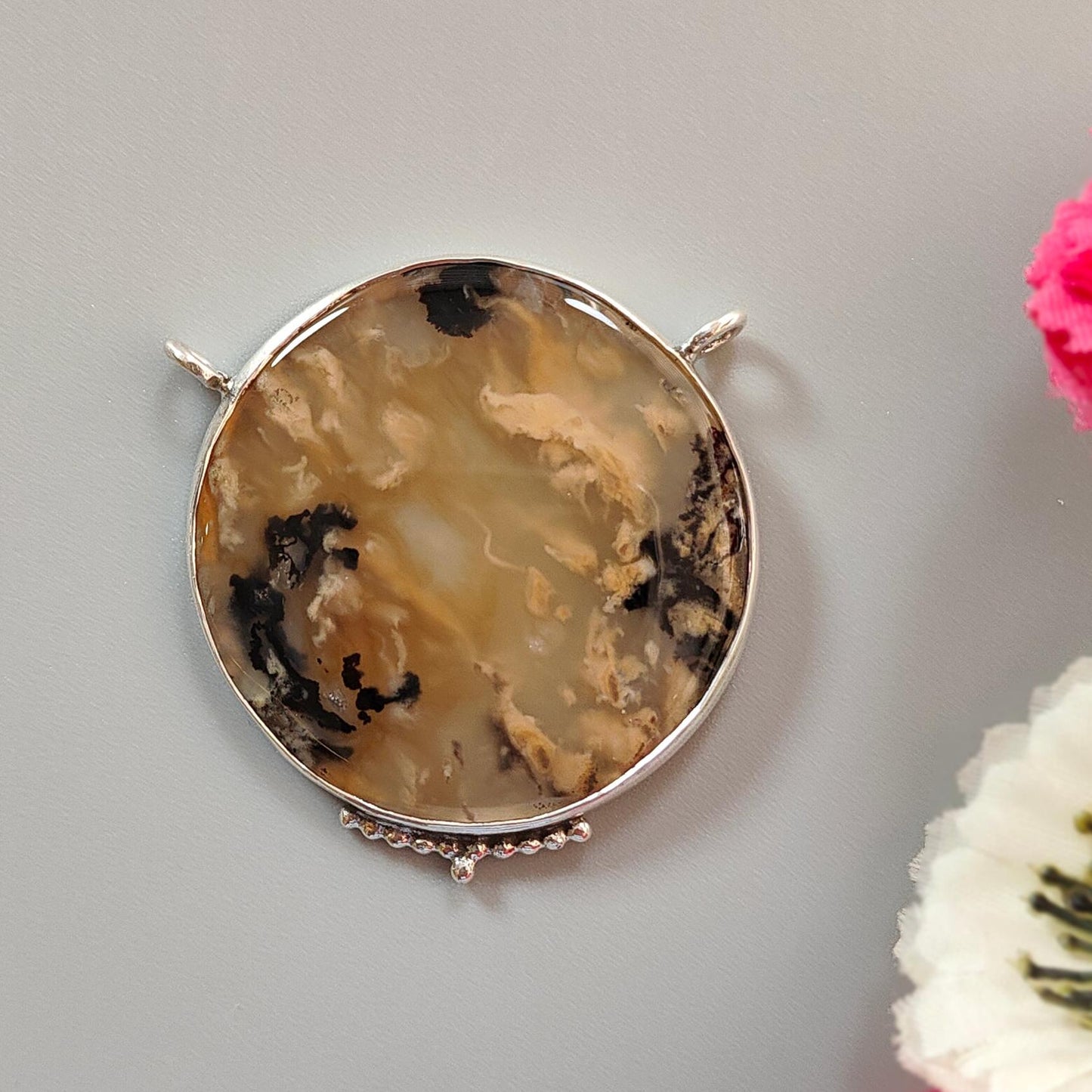 Tiger Dendrite Agate Plain Silver Pendant: 13.57gms Natural Untreated Bi-Color Agate Round 925 Sterling Silver Bezel Set Pendant 1.80"