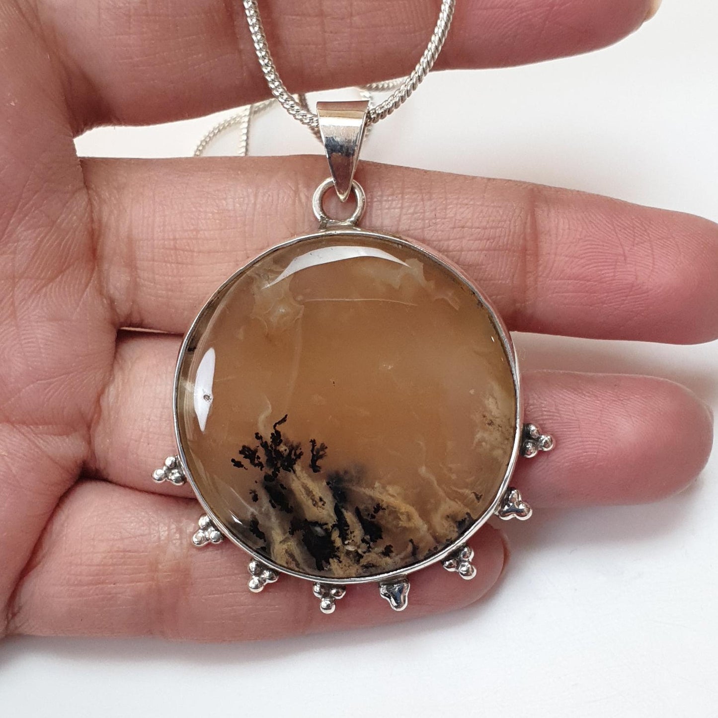 Tiger Dendrite Agate Plain Silver Pendant: 14.56gms Natural Untreated Bi-Color Agate Round 925 Sterling Silver Bezel Set Pendant 2.00"