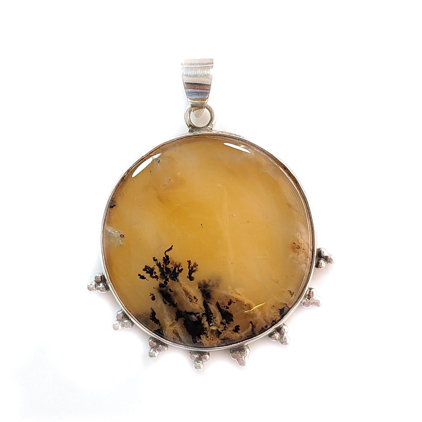 Tiger Dendrite Agate Plain Silver Pendant: 14.56gms Natural Untreated Bi-Color Agate Round 925 Sterling Silver Bezel Set Pendant 2.00"
