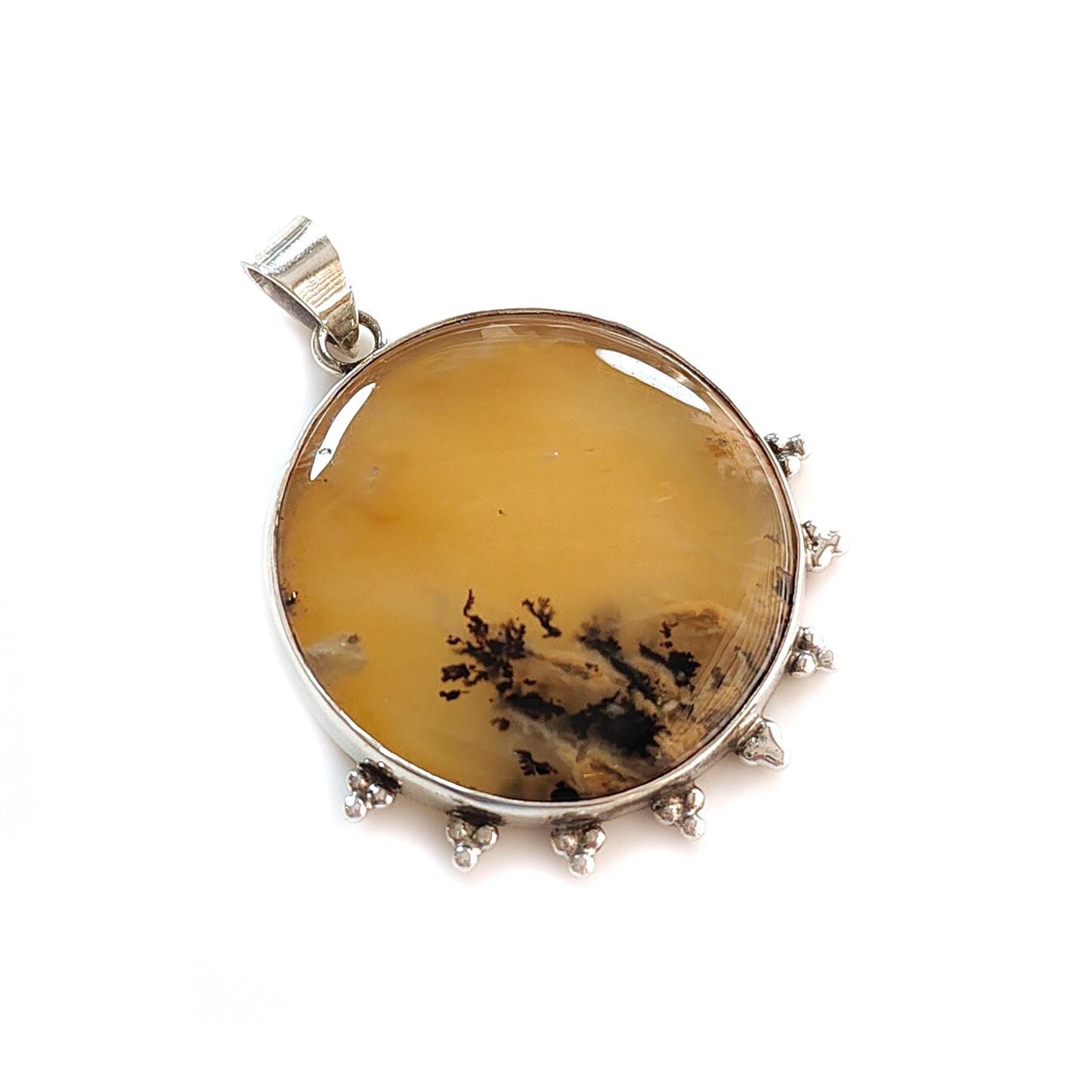 Tiger Dendrite Agate Plain Silver Pendant: 14.56gms Natural Untreated Bi-Color Agate Round 925 Sterling Silver Bezel Set Pendant 2.00"