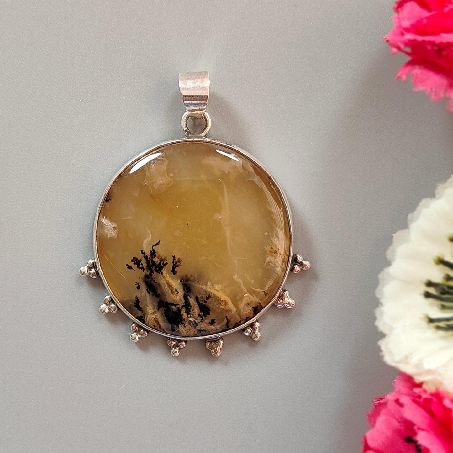 Tiger Dendrite Agate Plain Silver Pendant: 14.56gms Natural Untreated Bi-Color Agate Round 925 Sterling Silver Bezel Set Pendant 2.00"