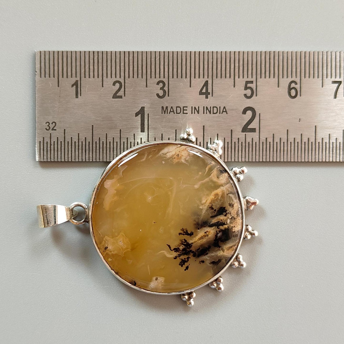 Tiger Dendrite Agate Plain Silver Pendant: 14.56gms Natural Untreated Bi-Color Agate Round 925 Sterling Silver Bezel Set Pendant 2.00"