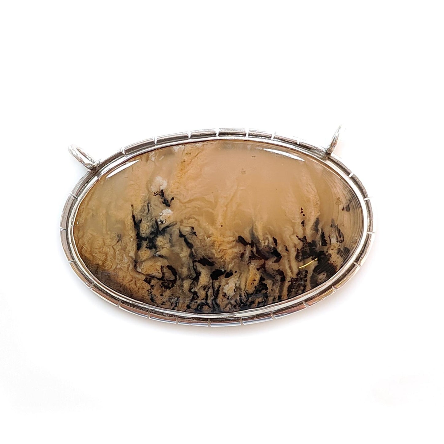 Tiger Dendrite Agate Plain Silver Pendant: 14.61gms Natural Untreated Bi-Color Agate Oval 925 Sterling Silver Bezel Set Pendant 2.00"