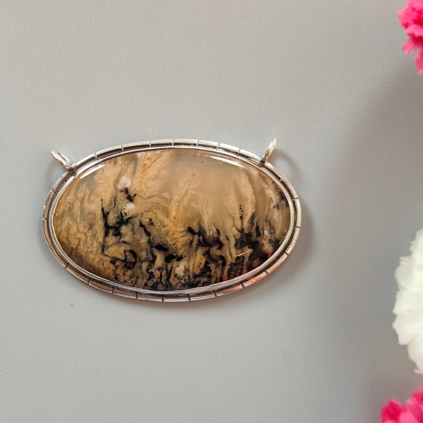 Tiger Dendrite Agate Plain Silver Pendant: 14.61gms Natural Untreated Bi-Color Agate Oval 925 Sterling Silver Bezel Set Pendant 2.00"