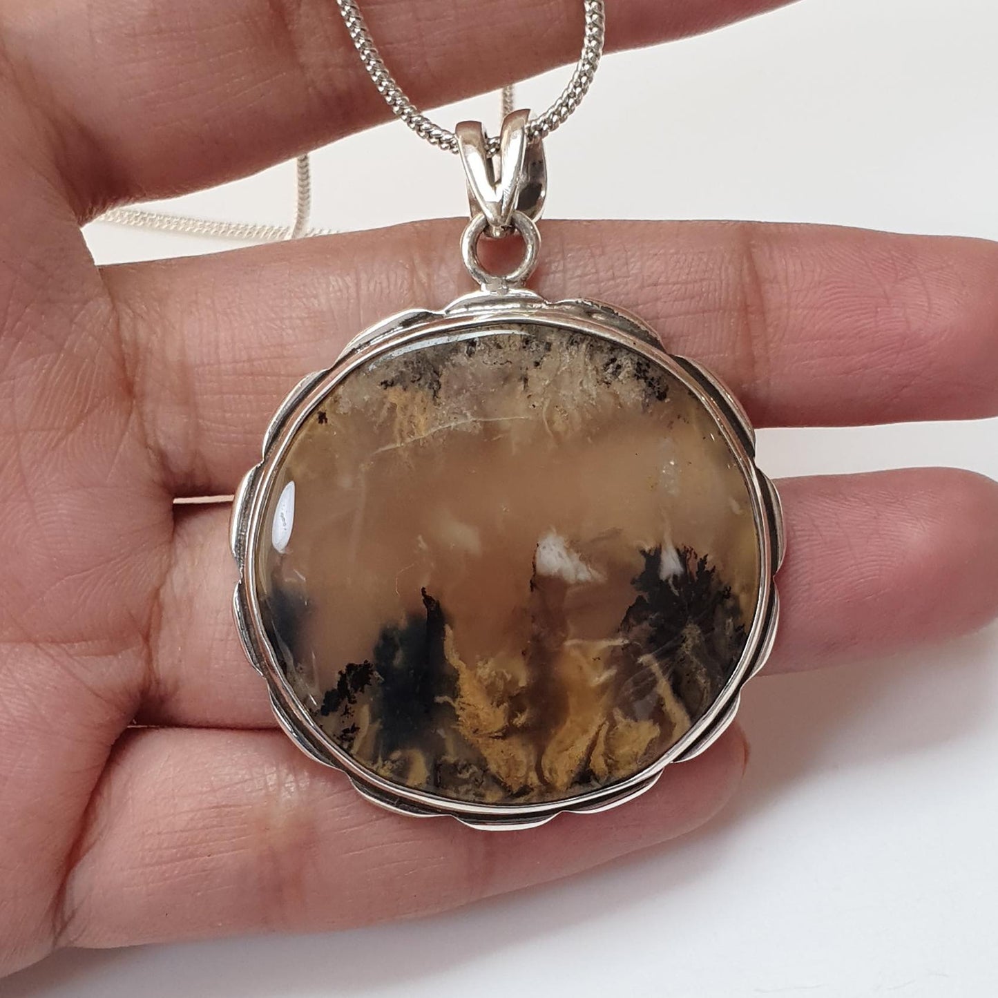 Tiger Dendrite Agate Plain Silver Pendant:14.66gms Natural Untreated Bi-Color Agate Round 925 Sterling Silver Bezel Set Pendant 2.00"