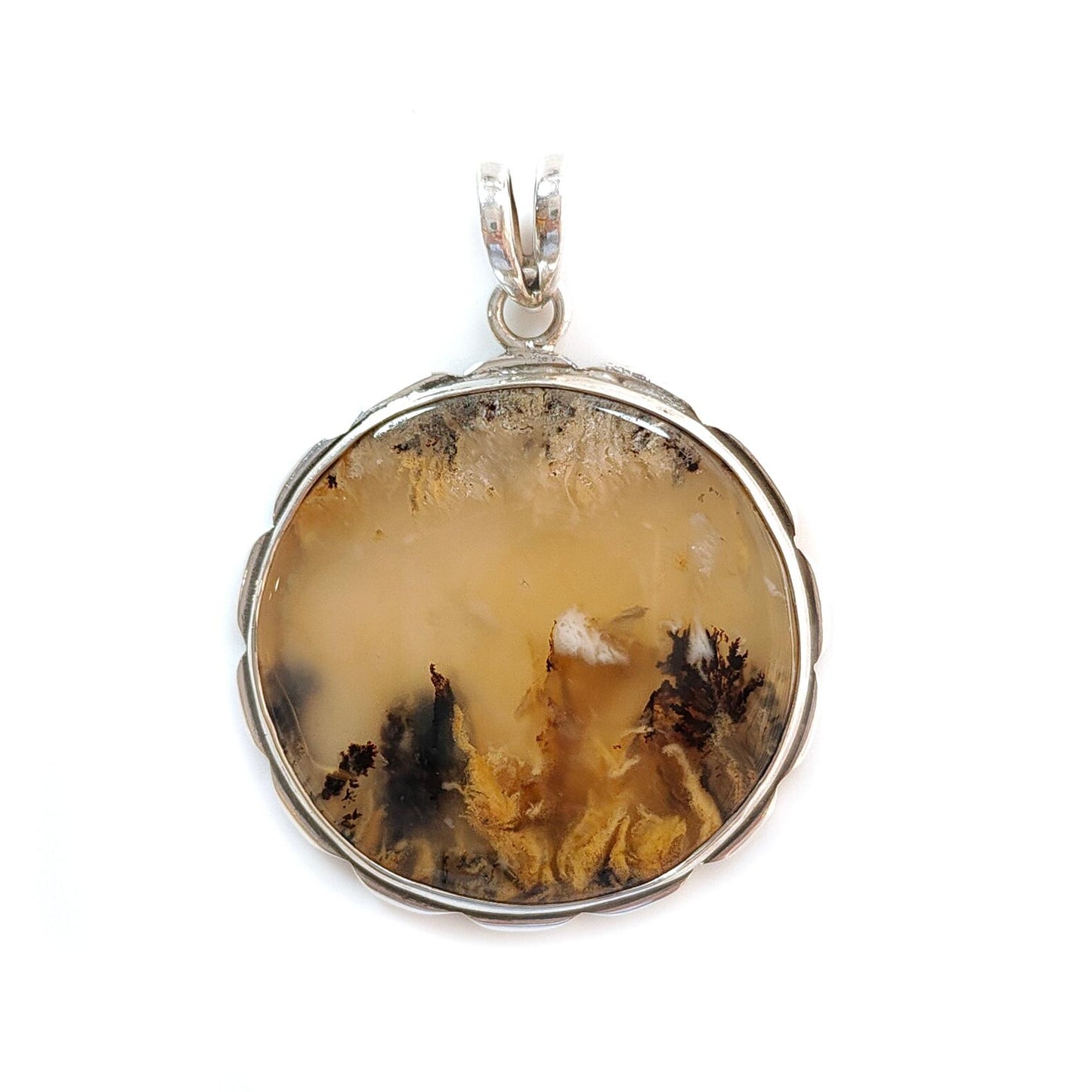 Tiger Dendrite Agate Plain Silver Pendant:14.66gms Natural Untreated Bi-Color Agate Round 925 Sterling Silver Bezel Set Pendant 2.00"
