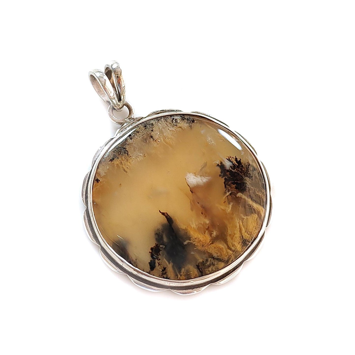 Tiger Dendrite Agate Plain Silver Pendant:14.66gms Natural Untreated Bi-Color Agate Round 925 Sterling Silver Bezel Set Pendant 2.00"